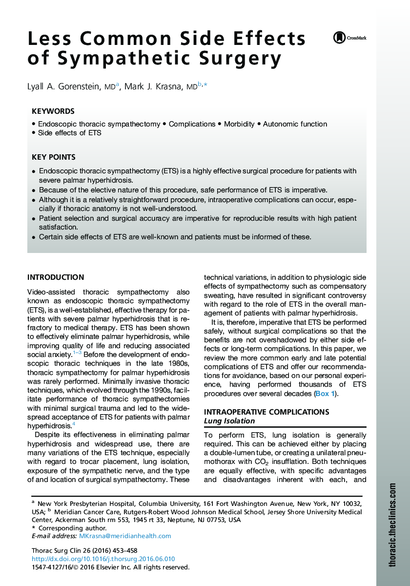 Less Common Side Effects of Sympathetic Surgery