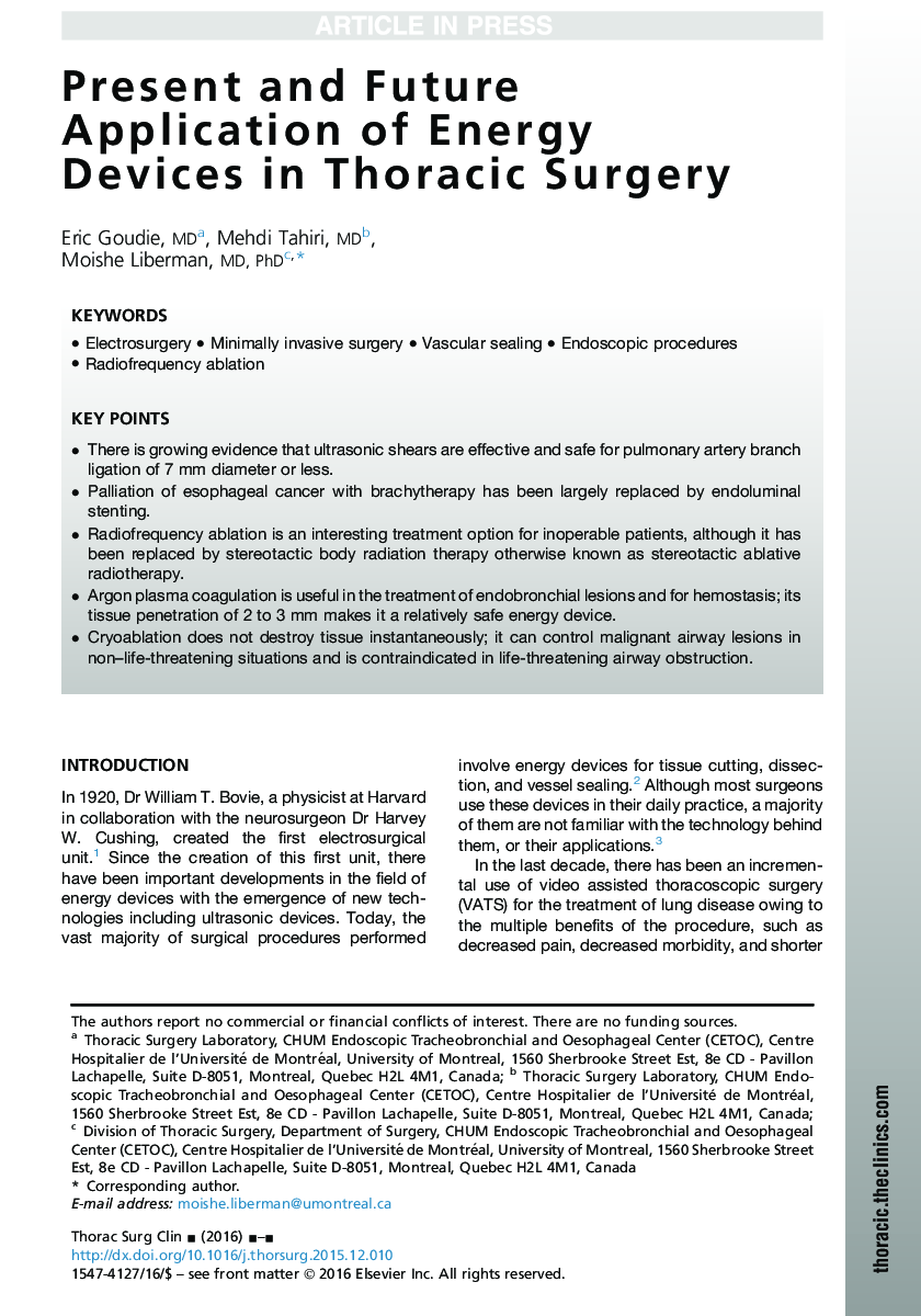 Present and Future Application of Energy Devices in Thoracic Surgery