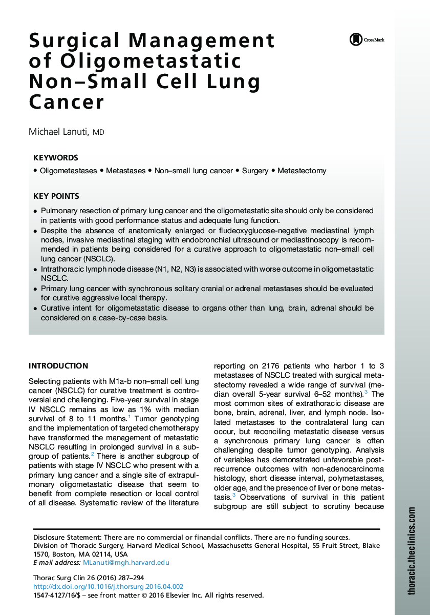 Surgical Management ofÂ Oligometastatic Non-Small Cell Lung Cancer