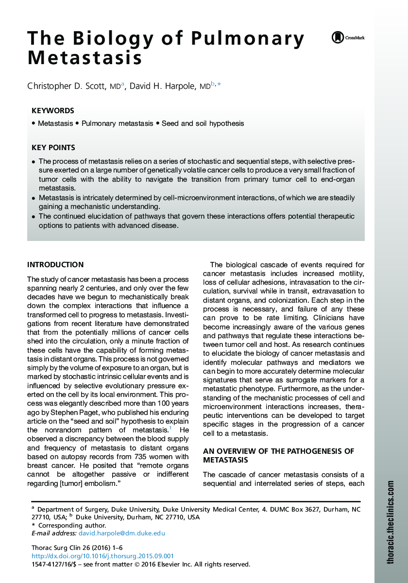 The Biology of Pulmonary Metastasis