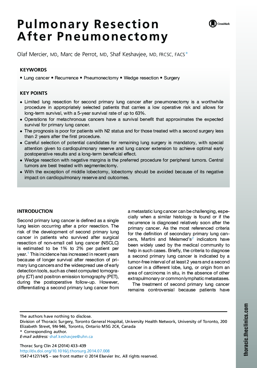 Pulmonary Resection After Pneumonectomy