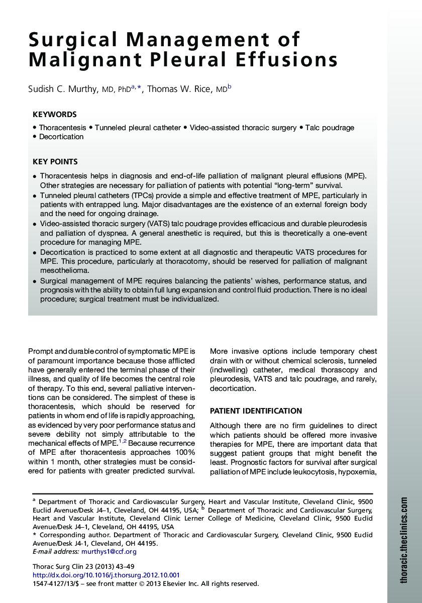 Surgical Management of Malignant Pleural Effusions