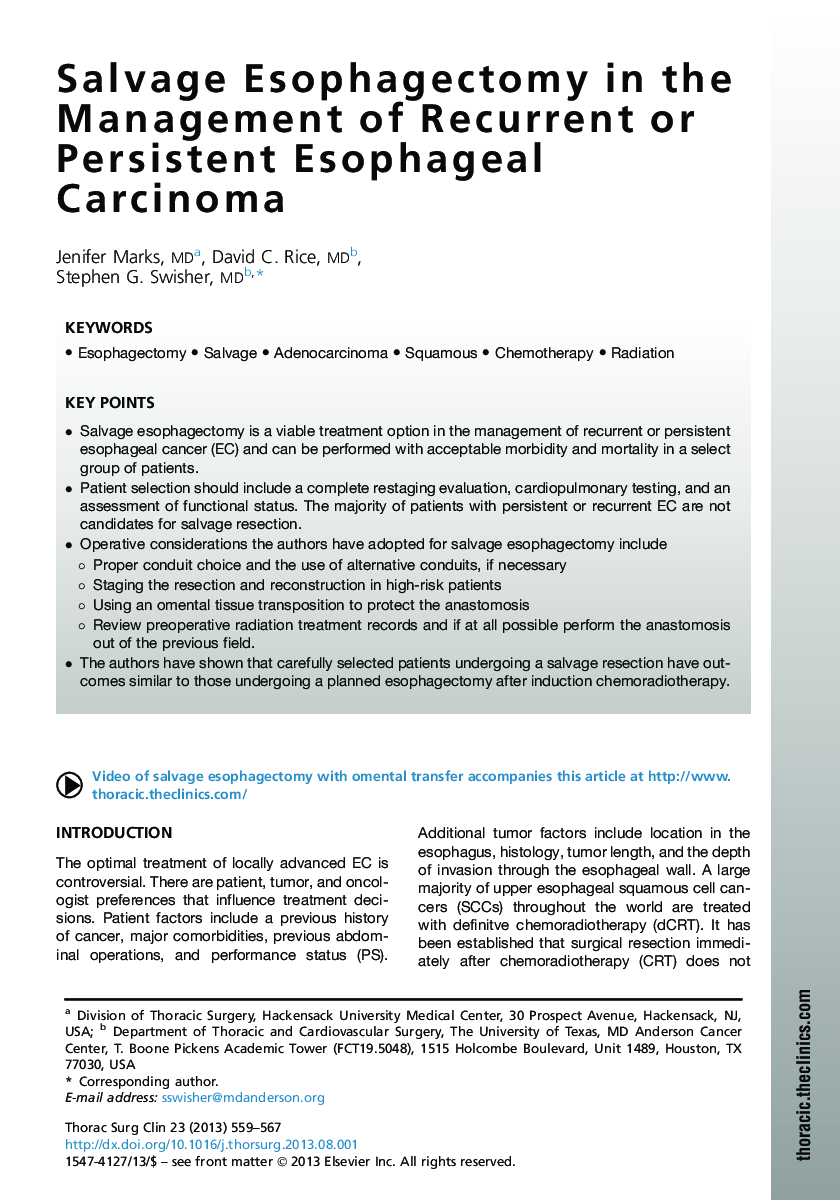 Salvage Esophagectomy in the Management of Recurrent or Persistent Esophageal Carcinoma