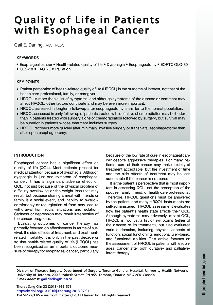 Quality of Life in Patients with Esophageal Cancer