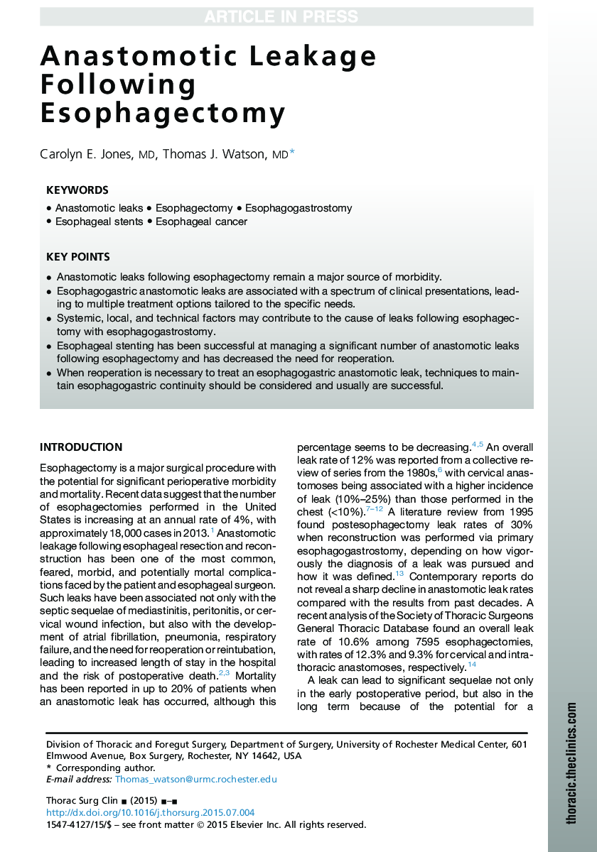 Anastomotic Leakage Following Esophagectomy