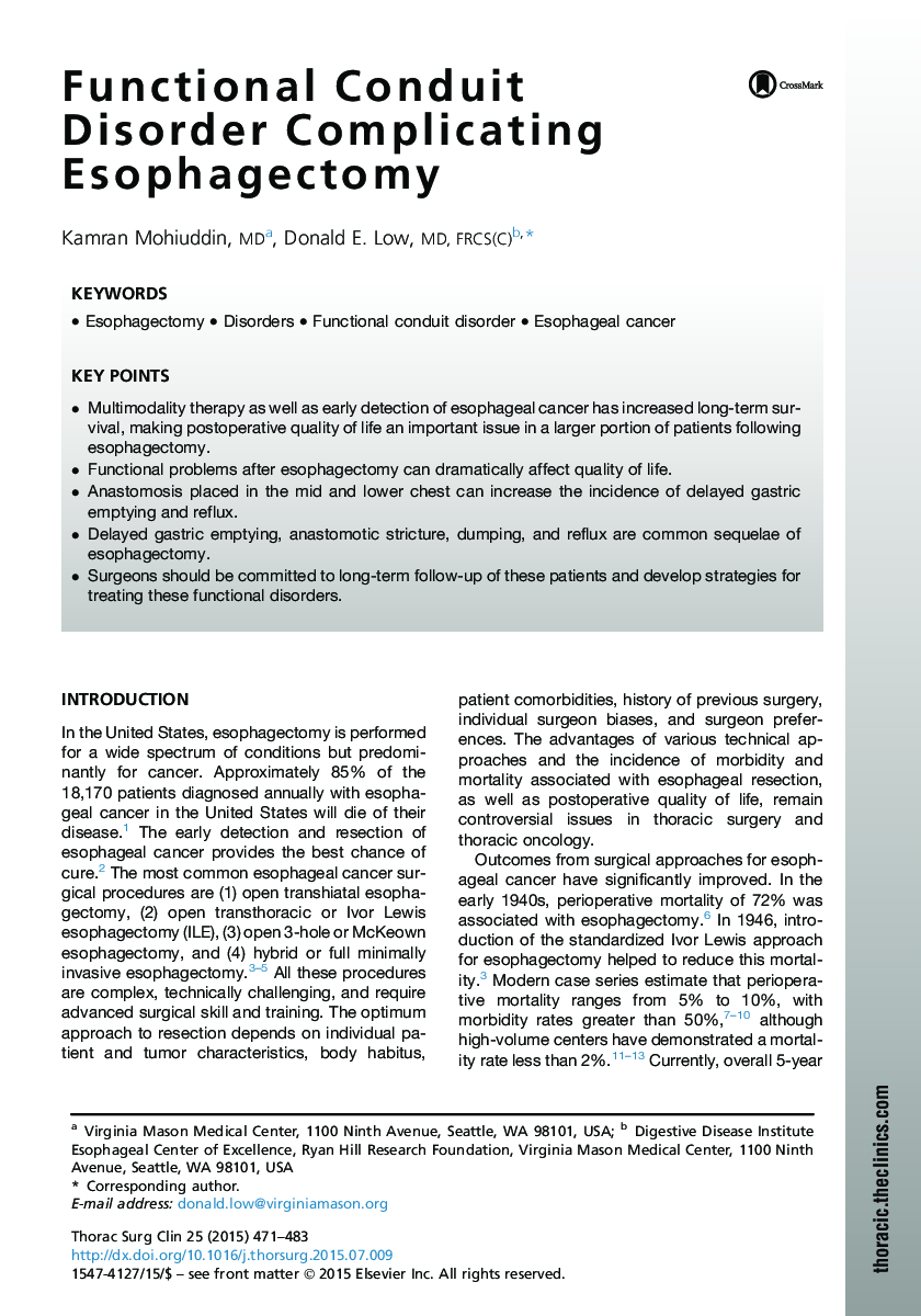 Functional Conduit Disorder Complicating Esophagectomy