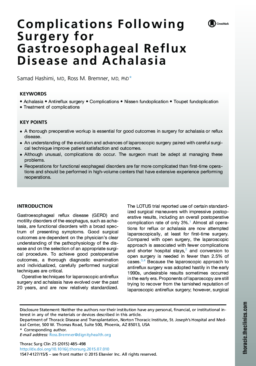 Complications Following Surgery for Gastroesophageal Reflux Disease and Achalasia