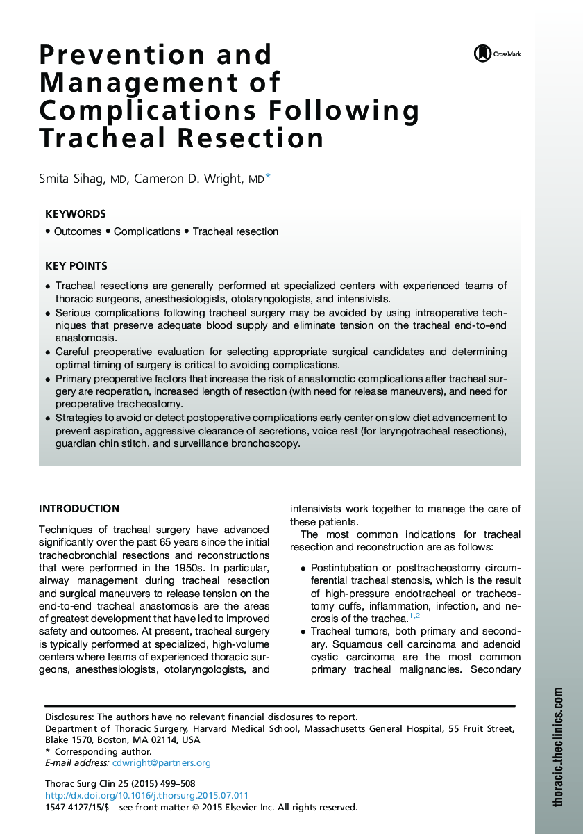 Prevention and Management of Complications Following Tracheal Resection