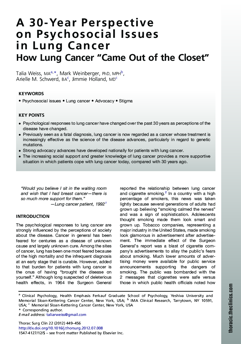 A 30-Year Perspective on Psychosocial Issues in Lung Cancer