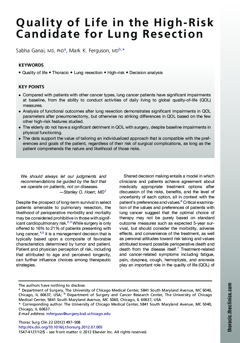 Quality of Life in the High-Risk Candidate for Lung Resection