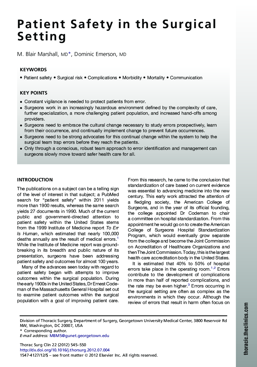 Patient Safety in the Surgical Setting