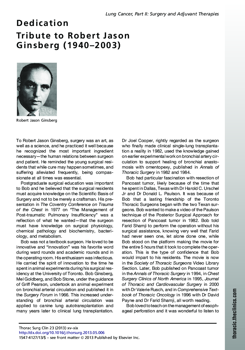عکس صفحه اول مقاله: Tribute to Robert Jason Ginsberg (1940-2003) Tribute to Robert Jason Ginsberg (1940-2003)