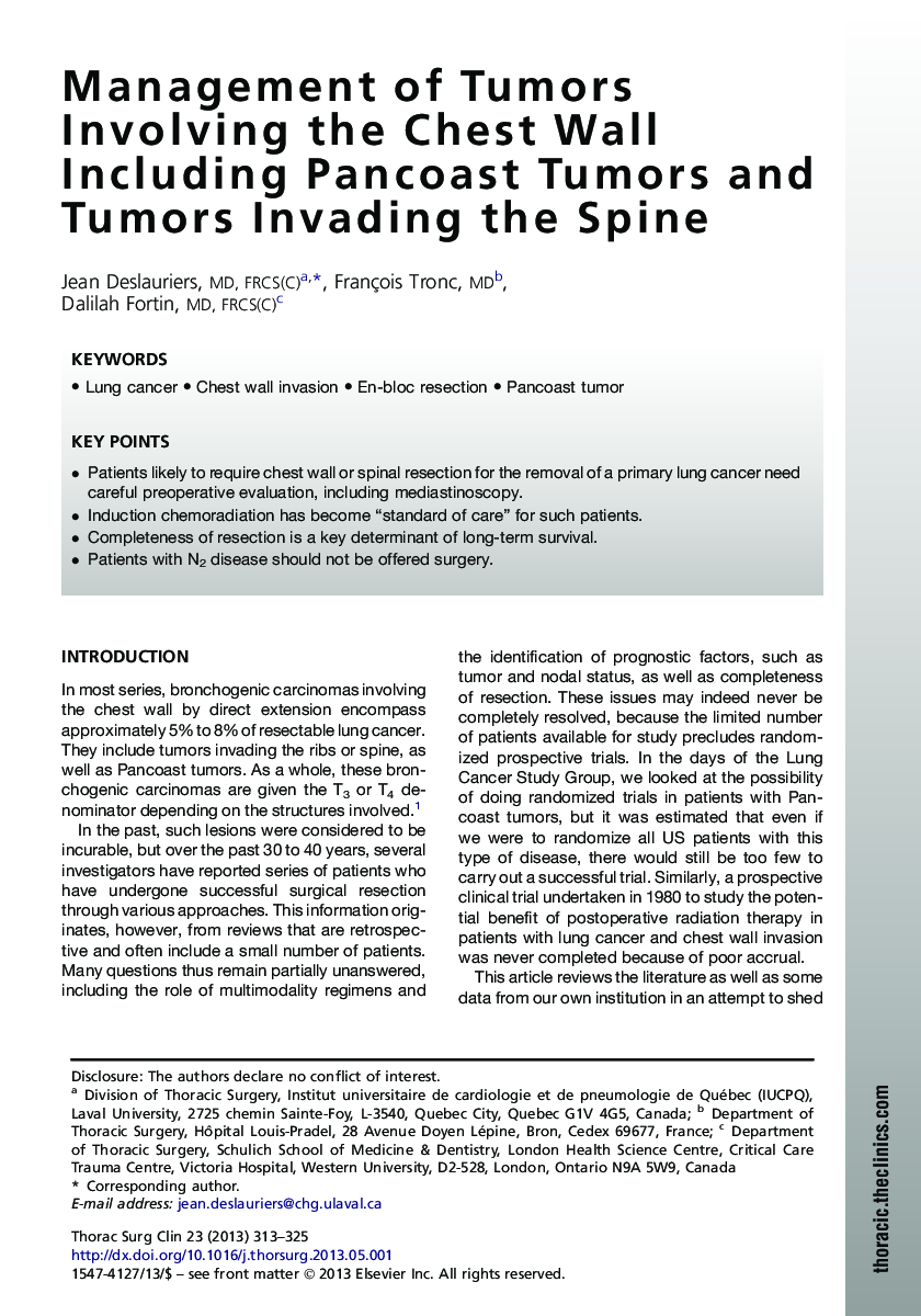 عکس صفحه اول مقاله: Management of Tumors Involving the Chest Wall Including Pancoast Tumors and Tumors Invading the Spine Management of Tumors Involving the Chest Wall Including Pancoast Tumors and Tumors Invading the Spine