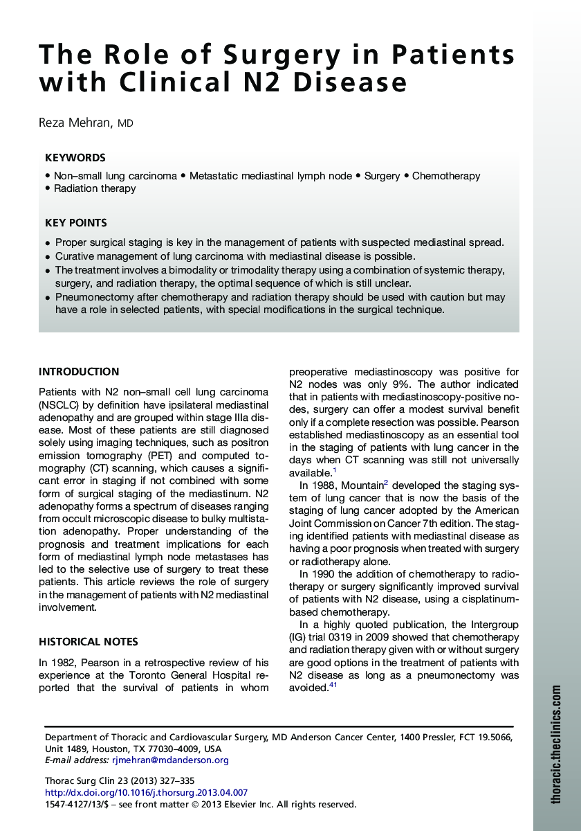 عکس صفحه اول مقاله: The Role of Surgery in Patients with Clinical N2 Disease The Role of Surgery in Patients with Clinical N2 Disease