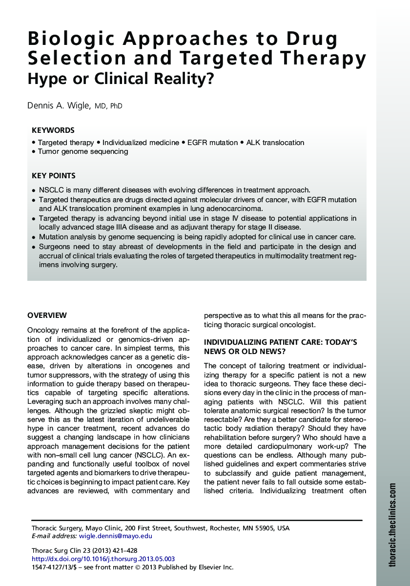 Biologic Approaches to Drug Selection and Targeted Therapy