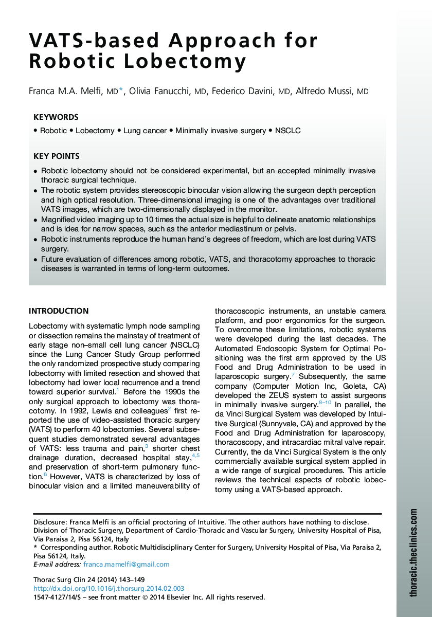 VATS-based Approach for Robotic Lobectomy