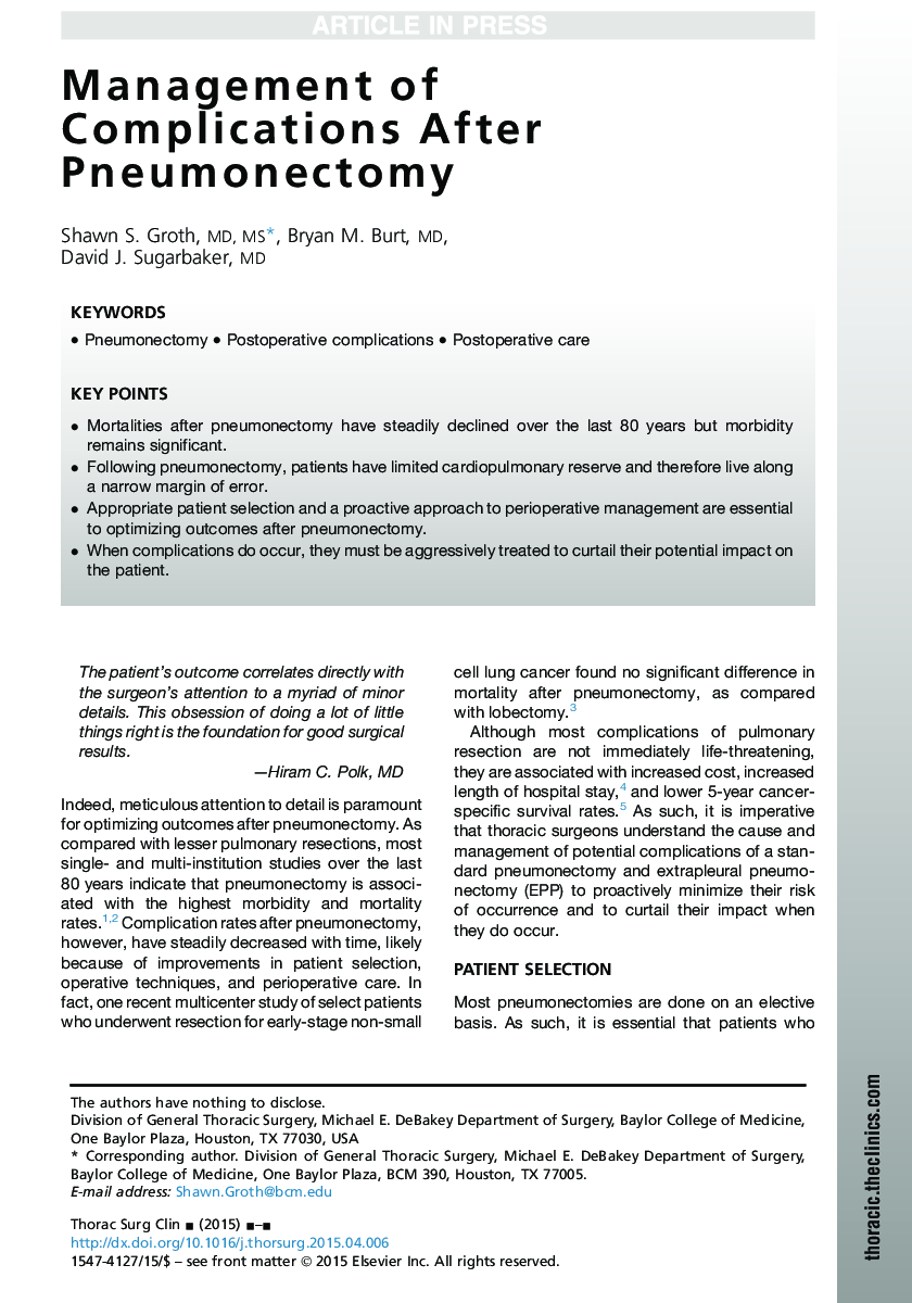 Management of Complications After Pneumonectomy