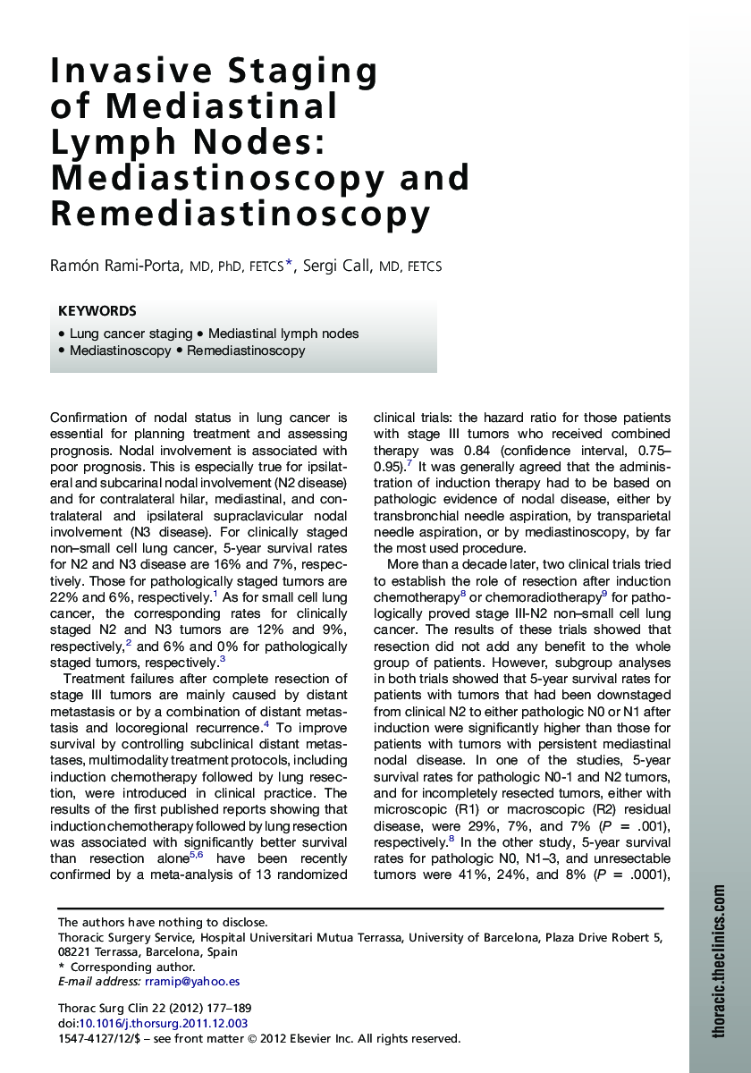 Invasive Staging of Mediastinal Lymph Nodes: Mediastinoscopy and Remediastinoscopy
