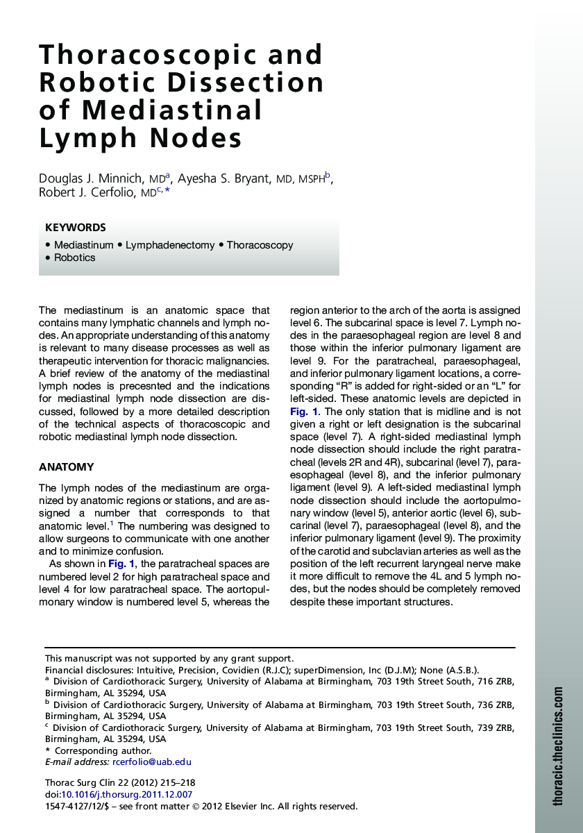 Thoracoscopic and Robotic Dissection of Mediastinal Lymph Nodes