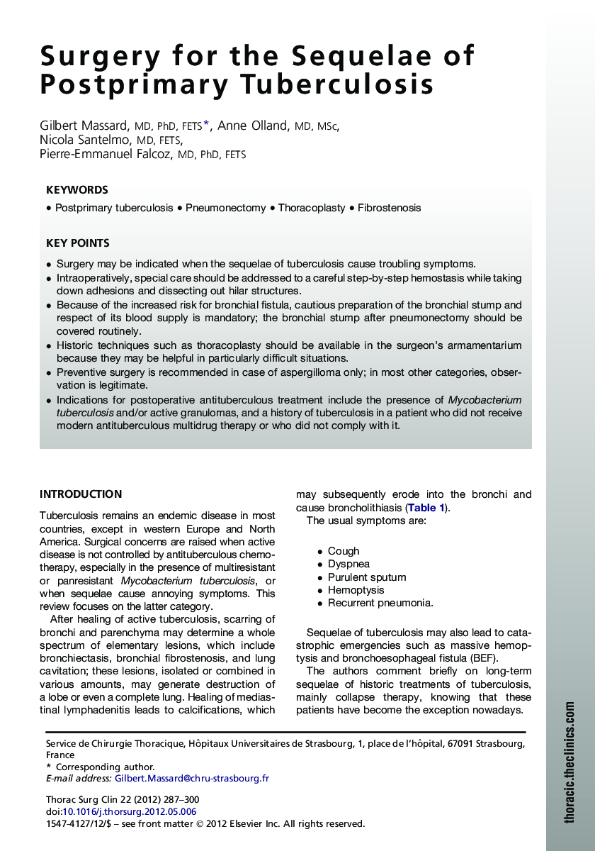 Surgery for the Sequelae of Postprimary Tuberculosis