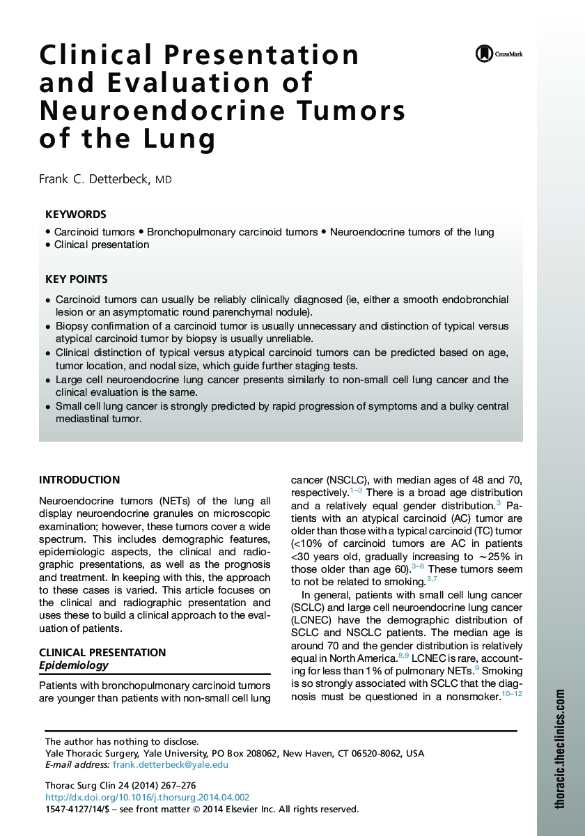 Clinical Presentation and Evaluation of Neuroendocrine Tumors of the Lung