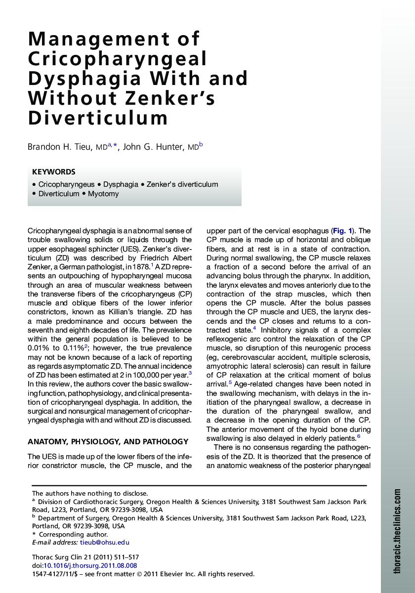 Management of Cricopharyngeal Dysphagia With and Without Zenker's Diverticulum