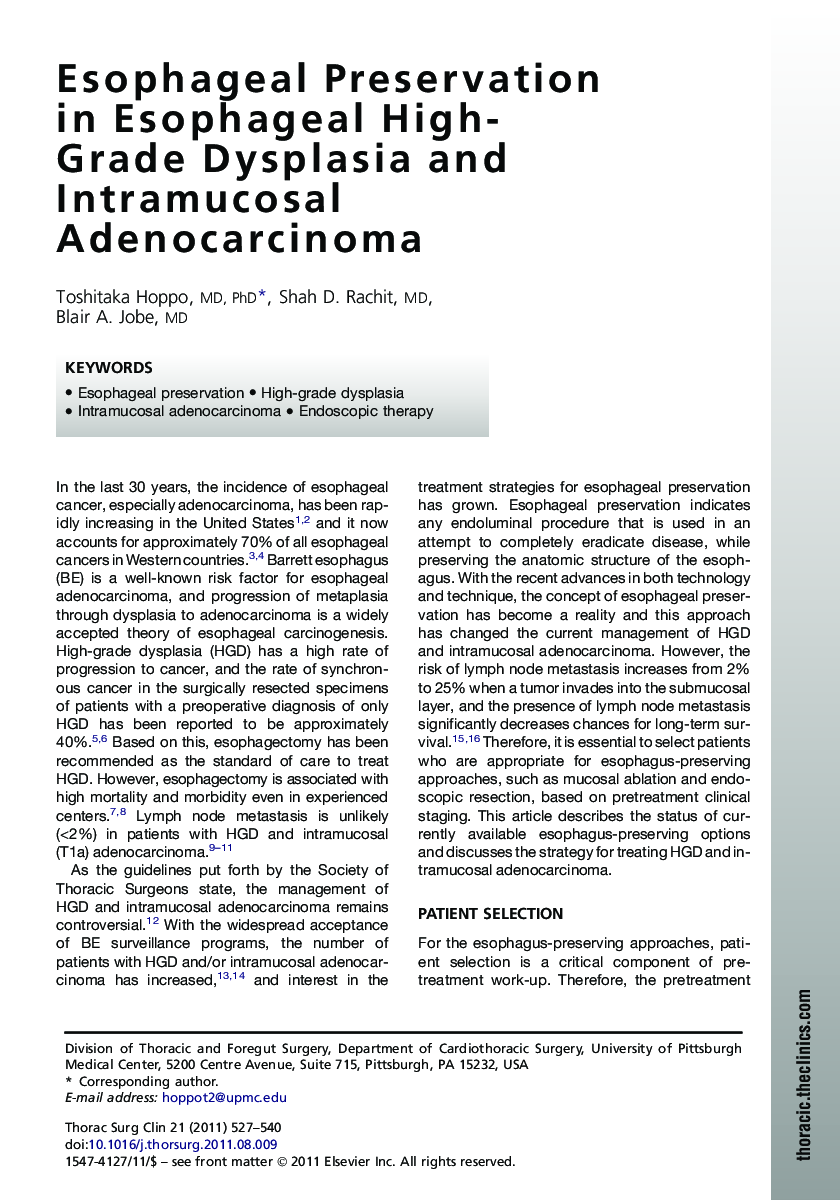 Esophageal Preservation in Esophageal High-Grade Dysplasia and Intramucosal Adenocarcinoma