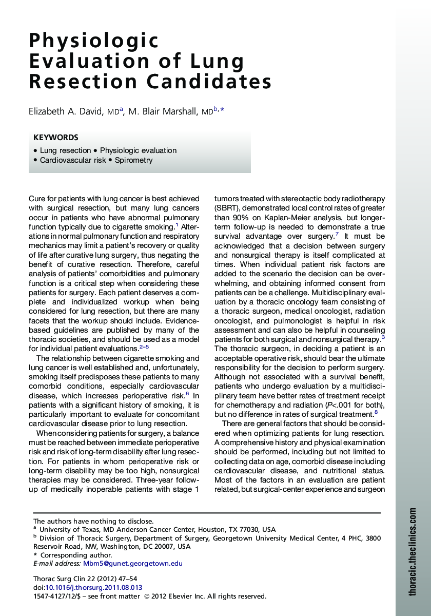 Physiologic Evaluation of Lung Resection Candidates