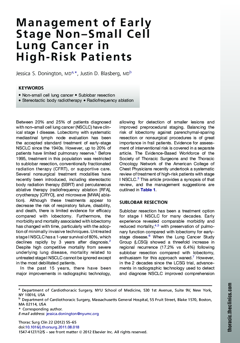 Management of Early Stage Non-Small Cell Lung Cancer in High-Risk Patients