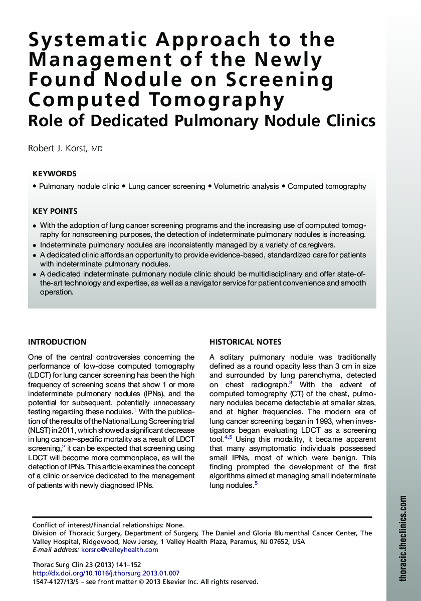 Systematic Approach to the Management of the Newly Found Nodule on Screening Computed Tomography