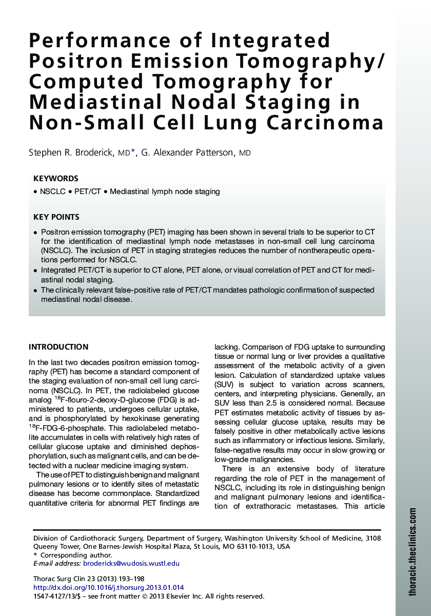 Performance of Integrated Positron Emission Tomography/Computed Tomography for Mediastinal Nodal Staging in Non-Small Cell Lung Carcinoma