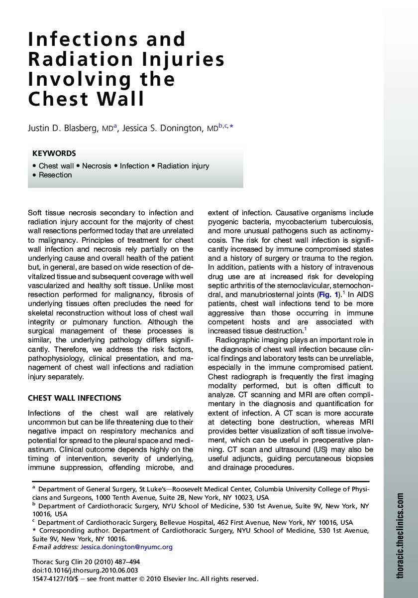 Infections and Radiation Injuries Involving the Chest Wall