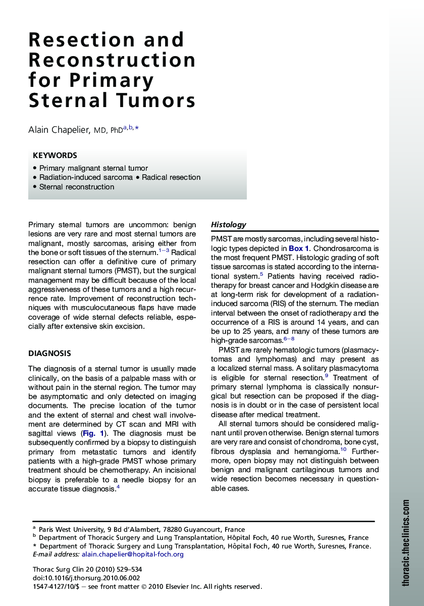 عکس صفحه اول مقاله: Resection and Reconstruction for Primary Sternal Tumors Resection and Reconstruction for Primary Sternal Tumors