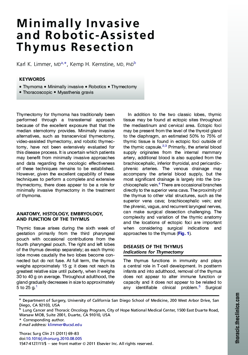 Minimally Invasive and Robotic-Assisted Thymus Resection