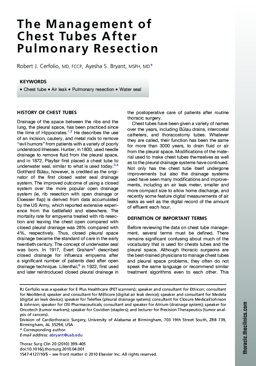 The Management of Chest Tubes After Pulmonary Resection