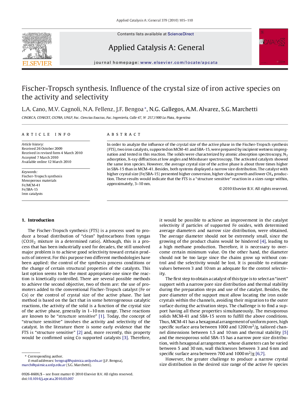 Fischer-Tropsch synthesis. Influence of the crystal size of iron active species on the activity and selectivity