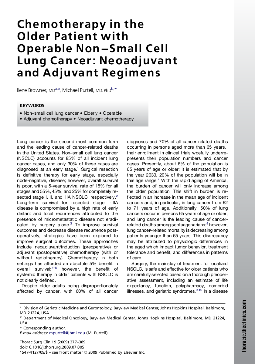 Chemotherapy in the Older Patient with Operable Non-Small Cell Lung Cancer: Neoadjuvant and Adjuvant Regimens