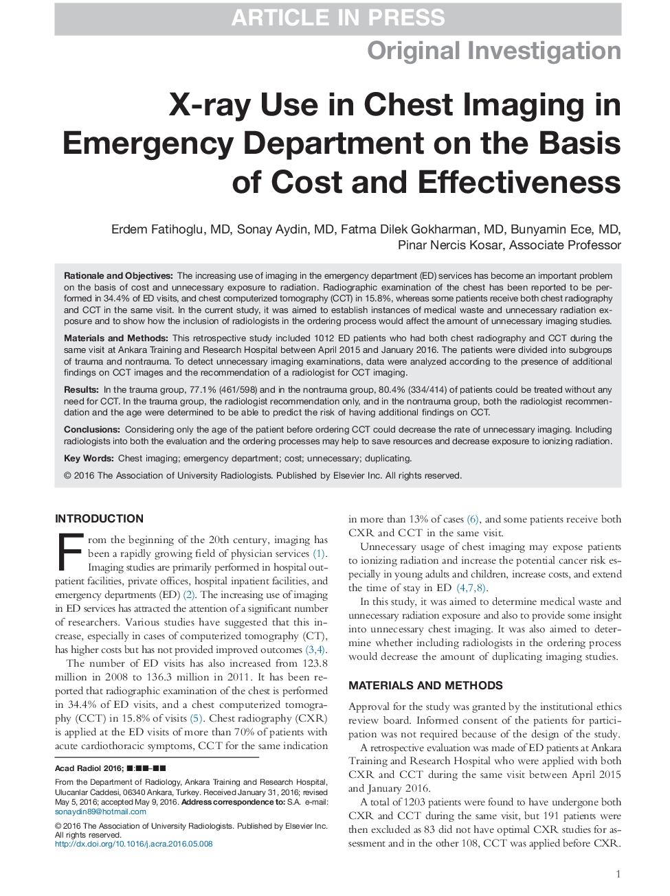 X-ray Use in Chest Imaging in Emergency Department on the Basis of Cost and Effectiveness