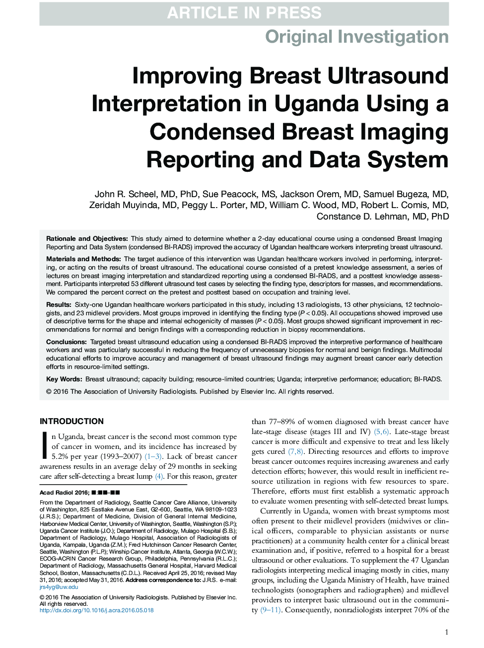 Improving Breast Ultrasound Interpretation in Uganda Using a Condensed Breast Imaging Reporting and Data System