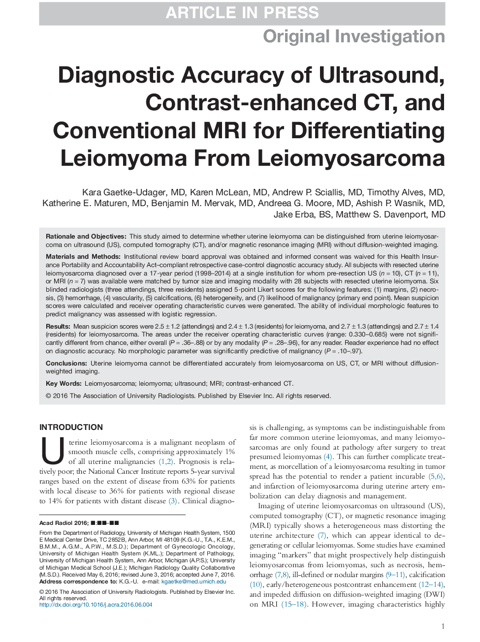 Diagnostic Accuracy of Ultrasound, Contrast-enhanced CT, and Conventional MRI for Differentiating Leiomyoma From Leiomyosarcoma