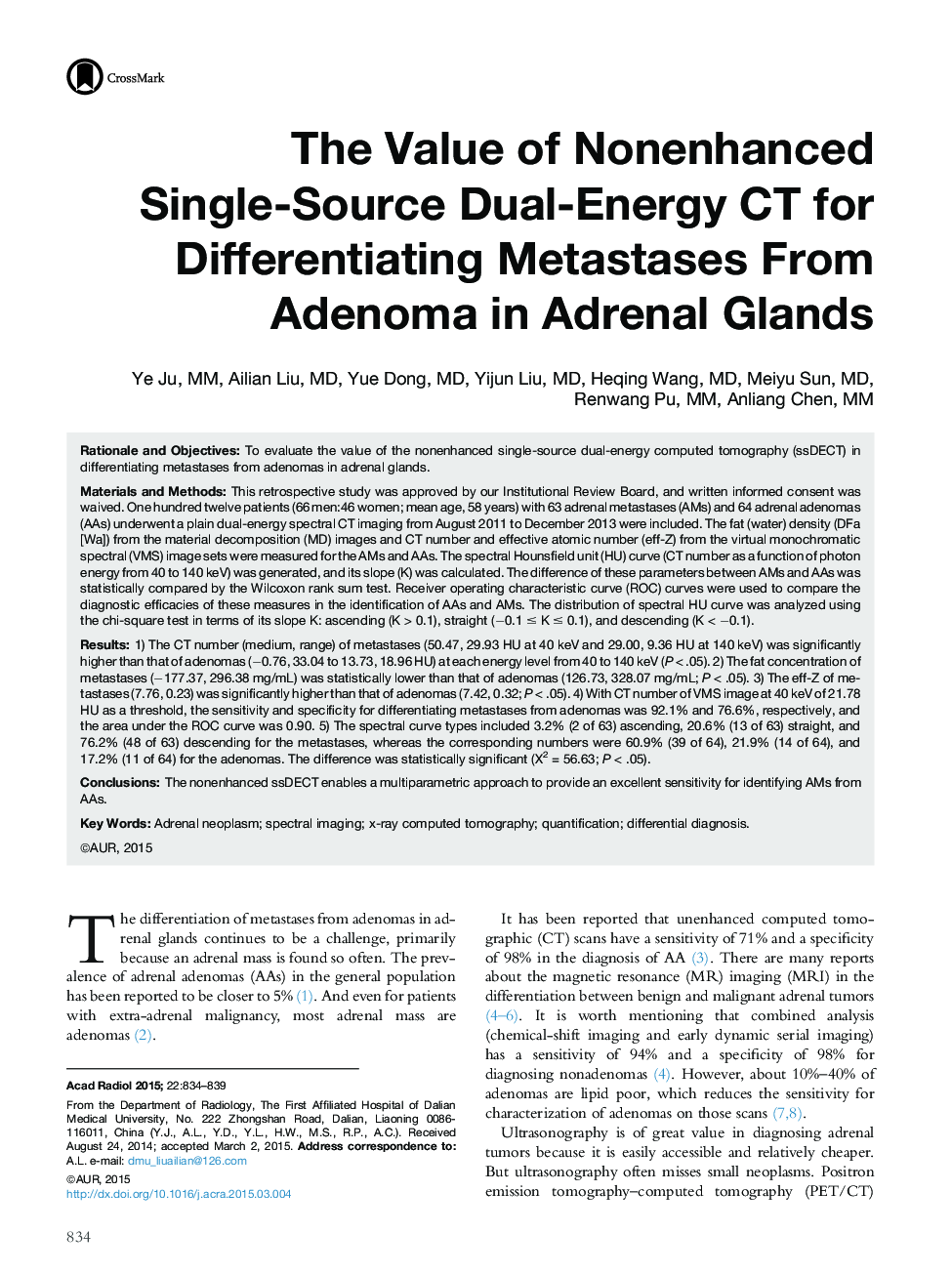 The Value of Nonenhanced Single-Source Dual-Energy CT for Differentiating Metastases From Adenoma in Adrenal Glands