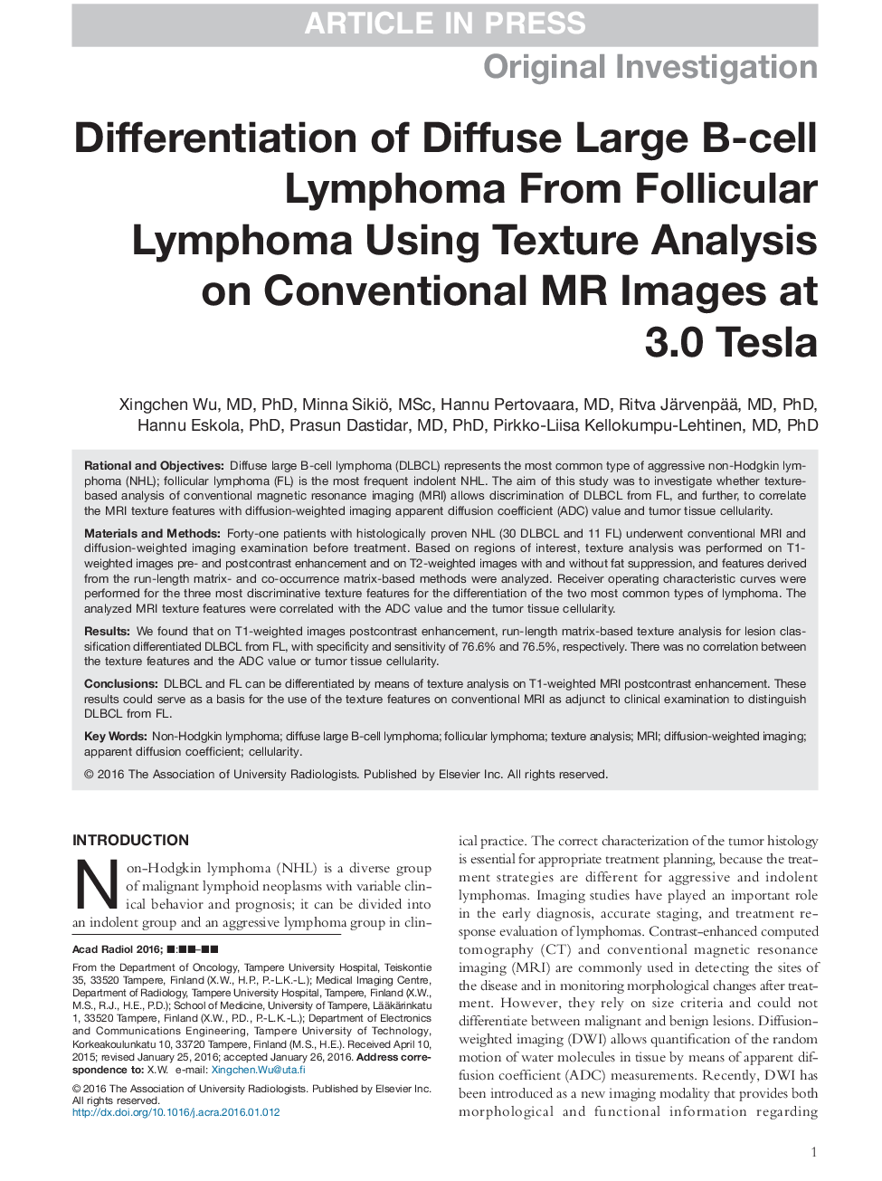 Differentiation of Diffuse Large B-cell Lymphoma From Follicular Lymphoma Using Texture Analysis on Conventional MR Images at 3.0 Tesla