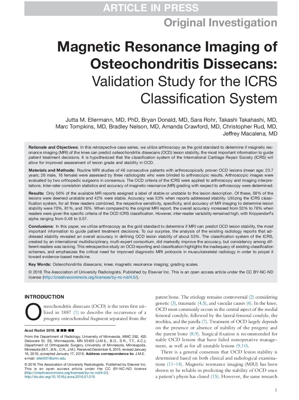 Magnetic Resonance Imaging of Osteochondritis Dissecans