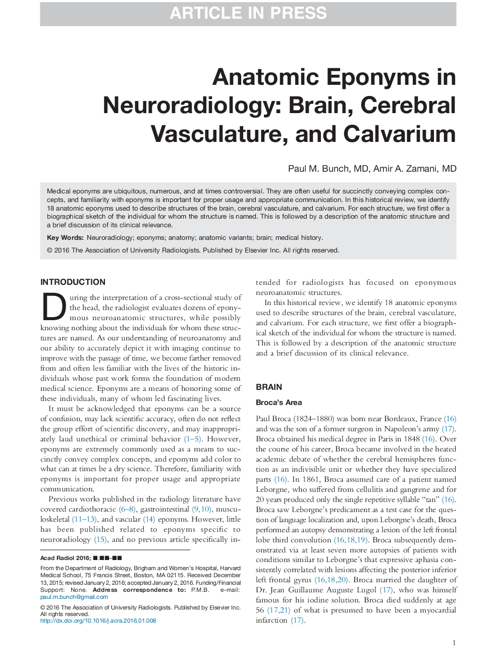 Anatomic Eponyms in Neuroradiology: Brain, Cerebral Vasculature, and Calvarium