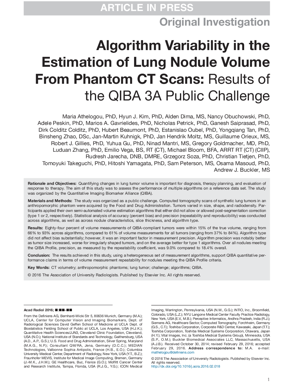 Algorithm Variability in the Estimation of Lung Nodule Volume From Phantom CT Scans: Results of the QIBA 3A Public Challenge