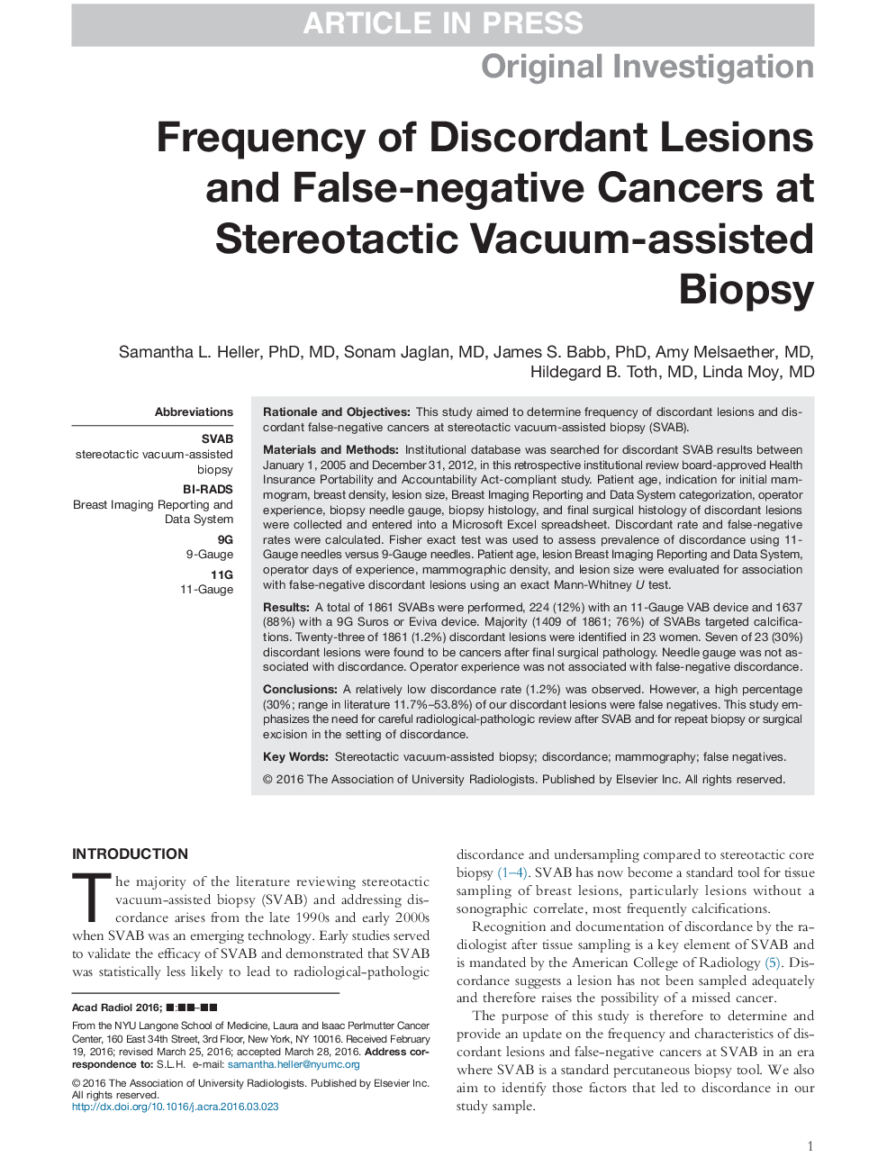 Frequency of Discordant Lesions and False-negative Cancers at Stereotactic Vacuum-assisted Biopsy