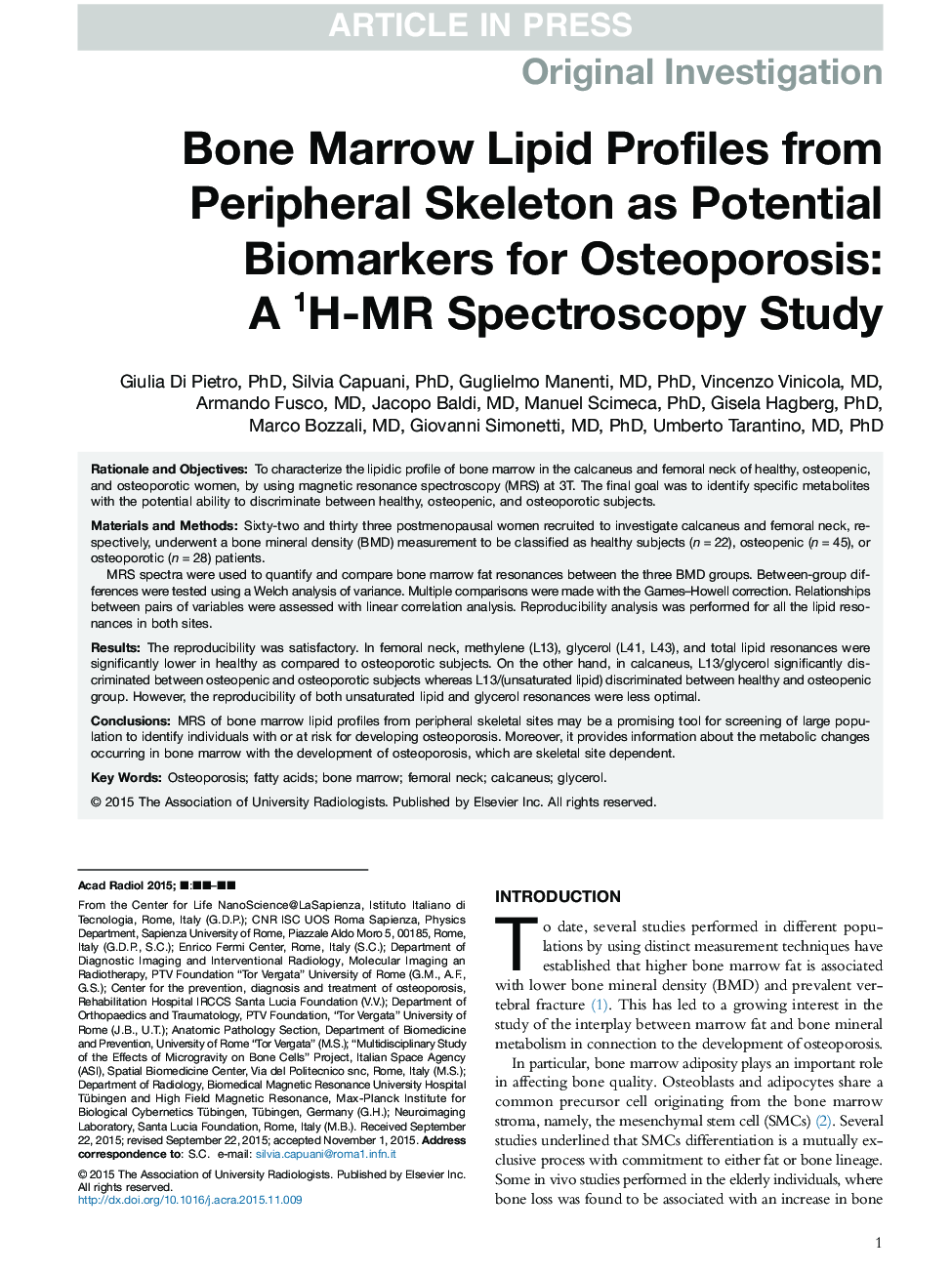 Bone Marrow Lipid Profiles from Peripheral Skeleton as Potential Biomarkers for Osteoporosis: A 1H-MR Spectroscopy Study