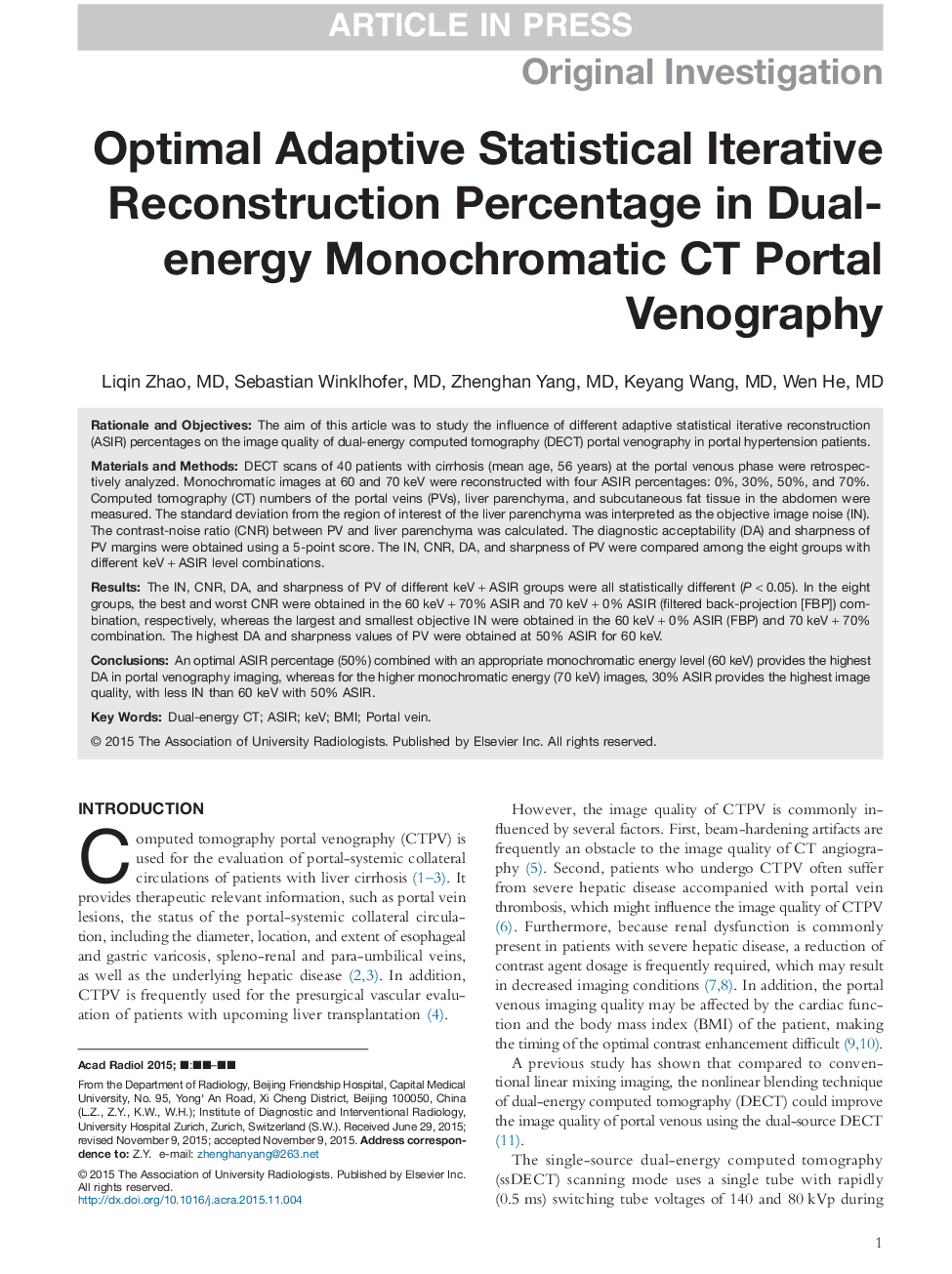 Optimal Adaptive Statistical Iterative Reconstruction Percentage in Dual-energy Monochromatic CT Portal Venography