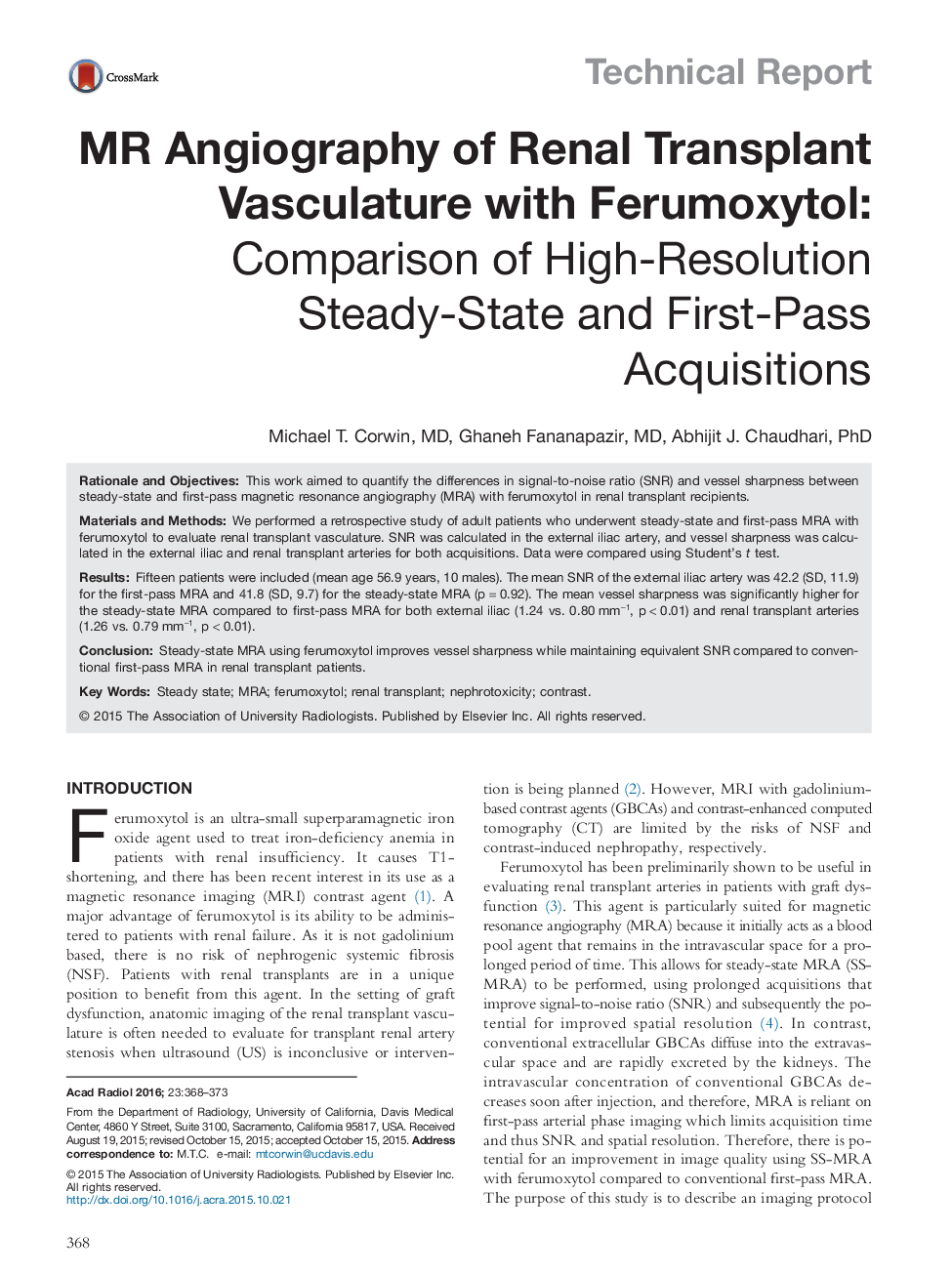 MR Angiography of Renal Transplant Vasculature with Ferumoxytol: