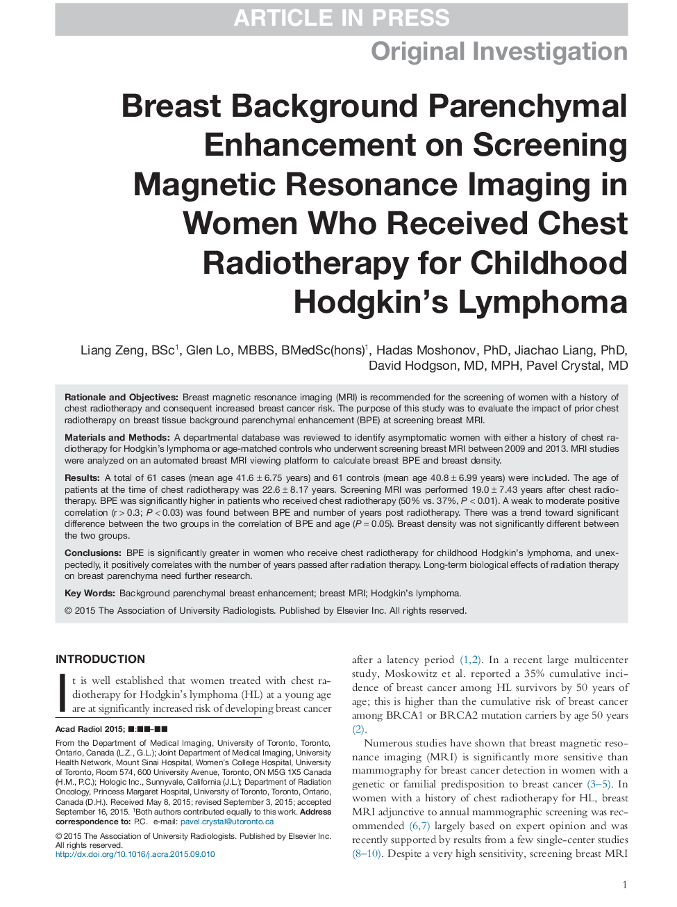Breast Background Parenchymal Enhancement on Screening Magnetic Resonance Imaging in Women Who Received Chest Radiotherapy for Childhood Hodgkin's Lymphoma